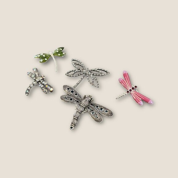 Lot Of 5 Dragonfly Brooch Pins Assorted Styles Rhinestones & Enamel Silver-Tone - Picture 2 of 8